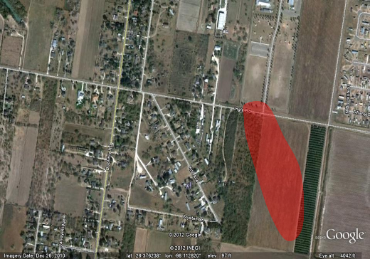 Map of location where damaging winds struck colonia near Doolittle, TX