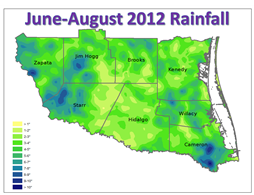 Estimated rainfall totals for June through August 2012, detailed view