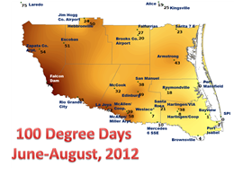 100 degree days across the Rio Grande Valley, June 1 through August 31, 2012