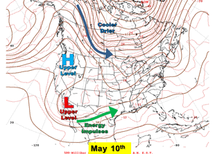 Unsettled jet stream pattern that produced cloudy, occasionally stormy, and cool weather between May 11th and 15th, 2013