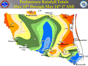 Preliminary partial rainfall totals from late evening May 10th through 7 AM on May 14th, 2013, for the Rio Grande Valley and Deep South Texas