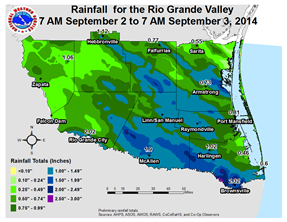 Rainfall map when outer bands from 2014 Tropical Storm Dolly affected the Rio Grande Valley, Sept. 2-3 2014