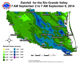 Rainfall map for entire period of influence of 2014 Tropical Storm Dolly for the Rio Grande Valley, Sept. 2-6 (AM) 2014