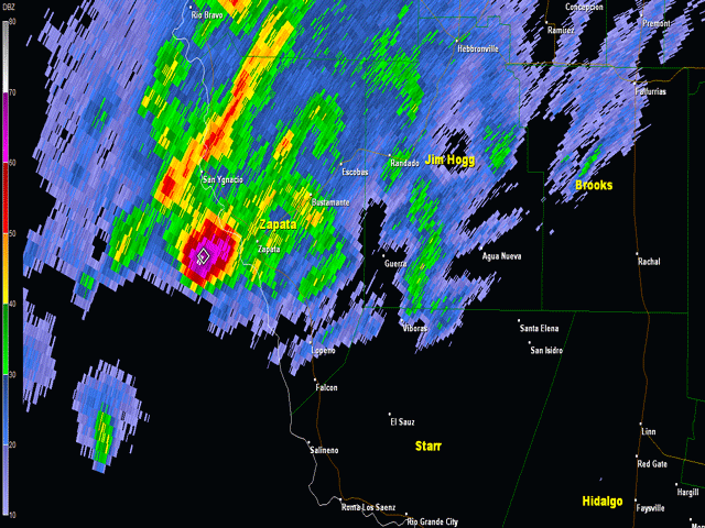 Radar loop of 0.5 base reflectivity for hail and windstorm in Zapata County, Texas, November 22 2014