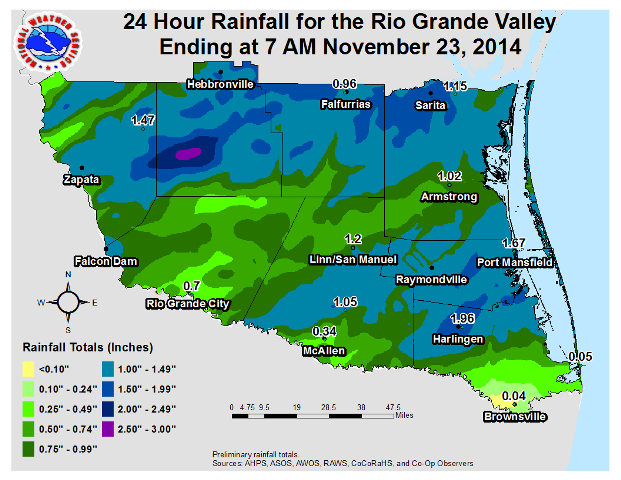 Measured and estimated rainfall from November 22, 2014 across the Rio Grande Valley