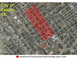 Estimated location of wind damage (trees/power lines and poles) in City of Zapata, TX, on April 12 2015