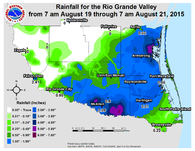 Rio Grande Valley rainfall, August 19th through 20th, 2015