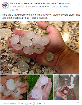 Photos of various hail sizes, shapes, and ground coverage from Hidalgo County, March 26, 2015