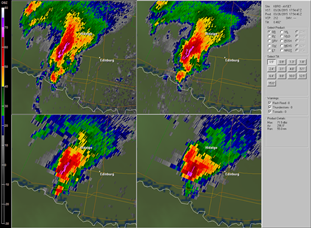 Four panel reflectivity image from Brownsville radar, showing storm at peak intensity at 1254 PM CDT