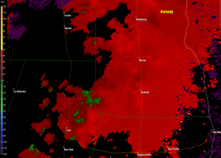 0.5 degree velocity showing persistent circulation, possibly tornadic, in southwest Kenedy County, from around 2 PM through 330 PM May 15th 2015