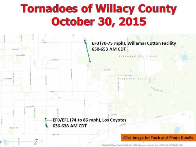 Map of pair of tornado tracks across central Willacy County, Texas, October 30 3015
