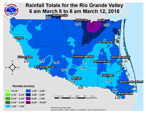 Accumulated rainfall, March 8th through 11th 2016 for the Rio Grande Valley of Texas