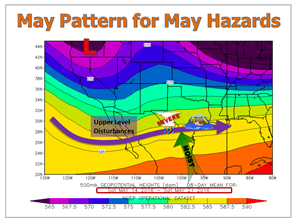 Mean 500 mb pattern across the southwest U.S. through the Gulf States, May 14 to 21, showing persistent southwest flow aloft pumping in deep tropical moisture underneath hazardous weather making disturbances