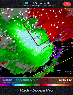 Two images of base velocity at 0.5 degrees, clearly showing downburst winds surging from the west side of Hargill/Faysville area southeast into the San Carlos area, between 535 and 555 PM, May 14th, 2016