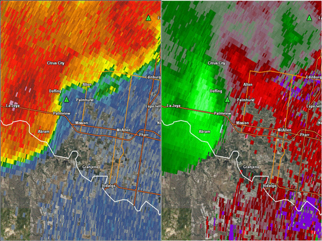 Two-panel radar loop showing 0.5 degree reflectivity (left) and velocity (right) for the southern Hidalgo County downburst