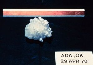 Irregular shaped hailstone approximately 3 to 4 inches in diameter