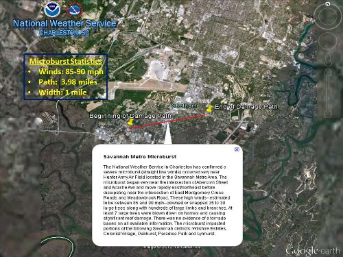 Map of microburst damage in the Savannah area.