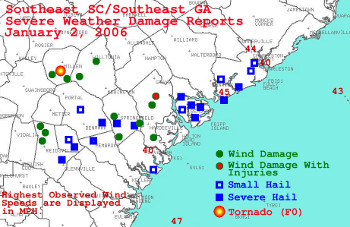Damage reports from around the area from the severe weather on January 2, 2006