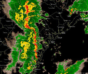 NWS Charleston radar reflectivity image at 2315Z (615 PM EST) on Feb 13, 2007 showing the line of severe thunderstorms moving through the area.