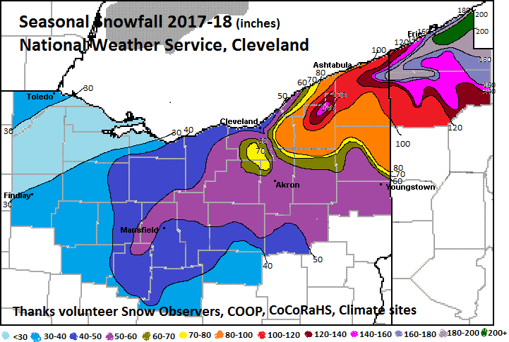 This is a map of snowfall totals across northern Ohio and northwestern Pennsylvania for the 2017-2018 winter season.