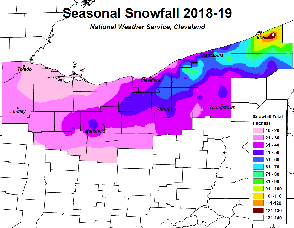 Map Depicting the 2018-2019 Seasonal Snowfall Totals over Northeast Ohio and Northwest Pennsylvania. The entire listing of data is below.
