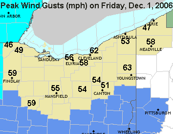 Peak wind gusts on Friday, Dec 1, 2006