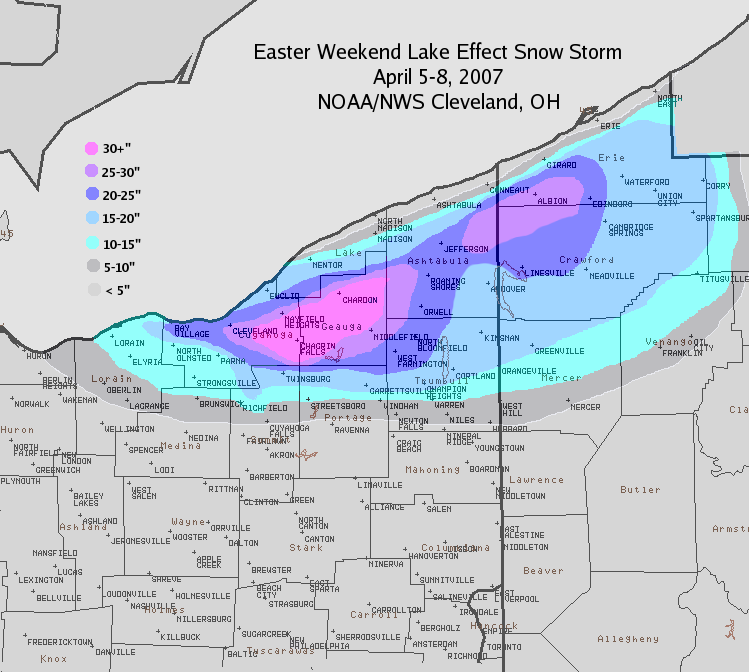 Snowfall map from Easter April 5-8, 2007 Lake Effect Snow