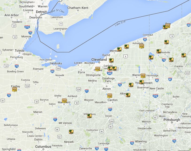This map shows the distribution of wind reports across northern Ohio and northwest Pennsylvania.
