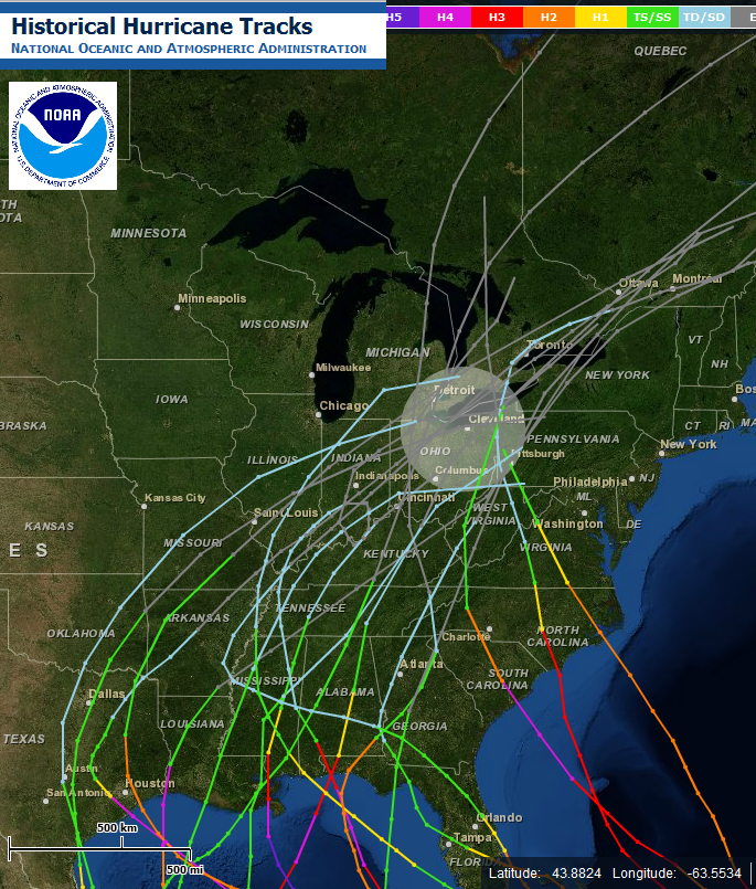 Historical Hurricane Tracks near Ohio