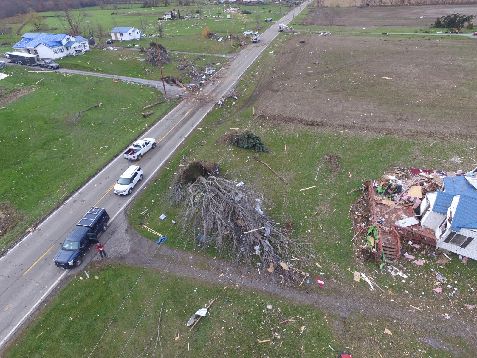 Areal view of damage path of Williamsfield Tornado, November 5, 2017