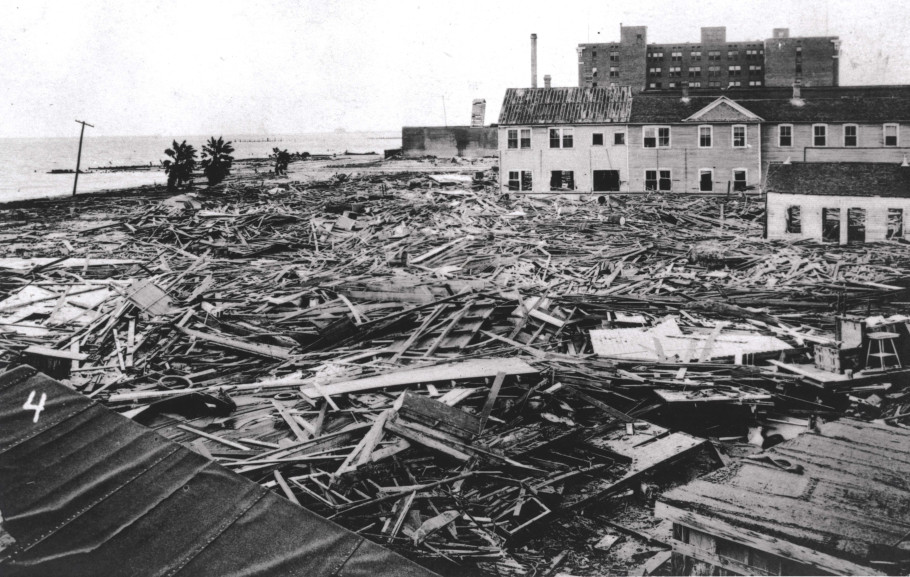 Heavy destruction of shorefront buildings and businesses.