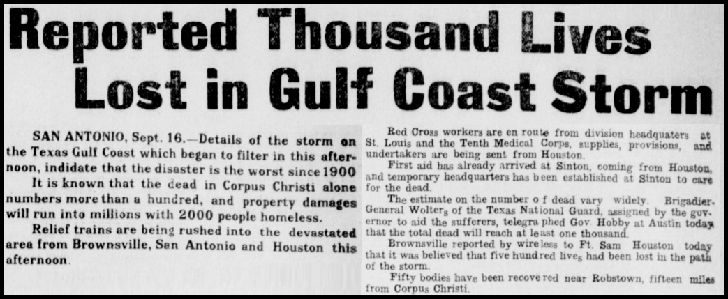 Newspaper headline the day after the storm from the Ballinger Daily Ledger.