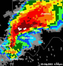 Radar image of tornadic supercell over Clay County Missouri  05-04-2003 4:44pm