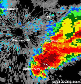 Radar image of tornadic supercell over Cass/Johnson County Missouri  05-04-2003 6:14pm