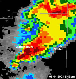 Radar image of tornadic supercell over Johnson County Missouri  05-04-2003 6:48pm
