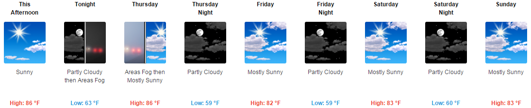 Dual icon example.  Areas of morning fog Wednesday and Thursday.