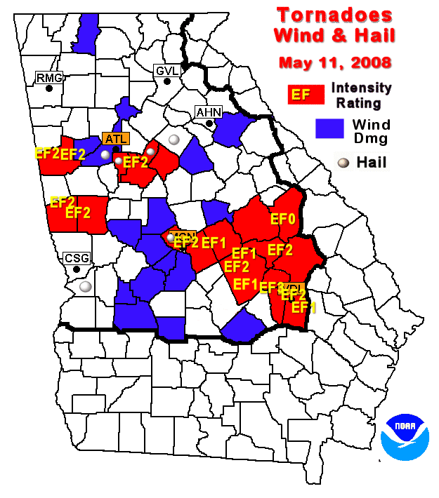 map showing those counties hit by tornadoes and severe thunderstorms on May 11, 2008