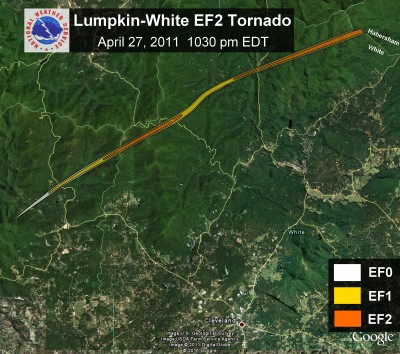 [ Path of EF-2 tornado that struck Lumpkin and White Counties. ]