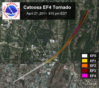 [ Path of EF-4 tornado that struck Catoosa county. ]