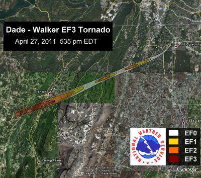 [ Path of EF-3 tornado that struck Dade and Walker Counties ]