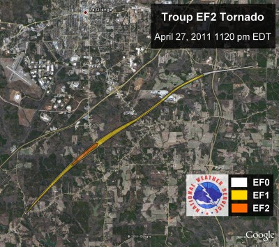 [ Path of EF-2 tornado that struck Troup county. ]