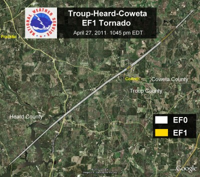 [ Path of EF-1 tornado that struck Troup, Heard, and Coweta counties ]