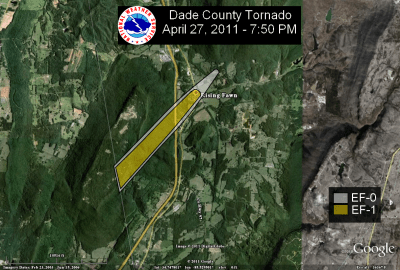 [ Path of EF-1 tornado that struck Dade county. ]