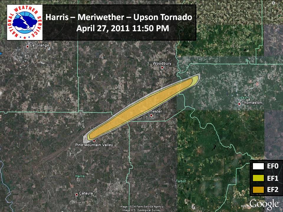 [ Path of EF-2 tornado that struck Harris, Meriweather, and Upson Counties. ]