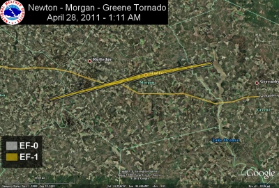 [ Path of EF-1 tornado that struck Newton, Morgan, and Greene Counties. ]