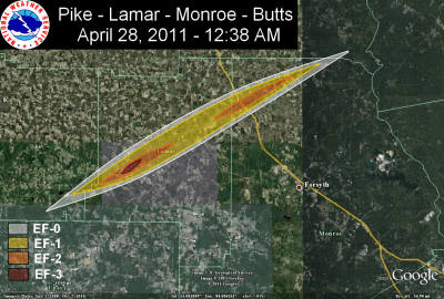 [ Path of EF-3 tornado that struck Pike, Lamar, Monroe, and Butts counties ]