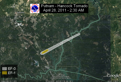 [ Path of EF-1 tornado that struck Putnam and Hancock Counties. ]