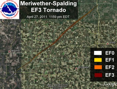[ Path of EF-3 tornado that struck Meriwether, Spalding, and Henry counties ]
