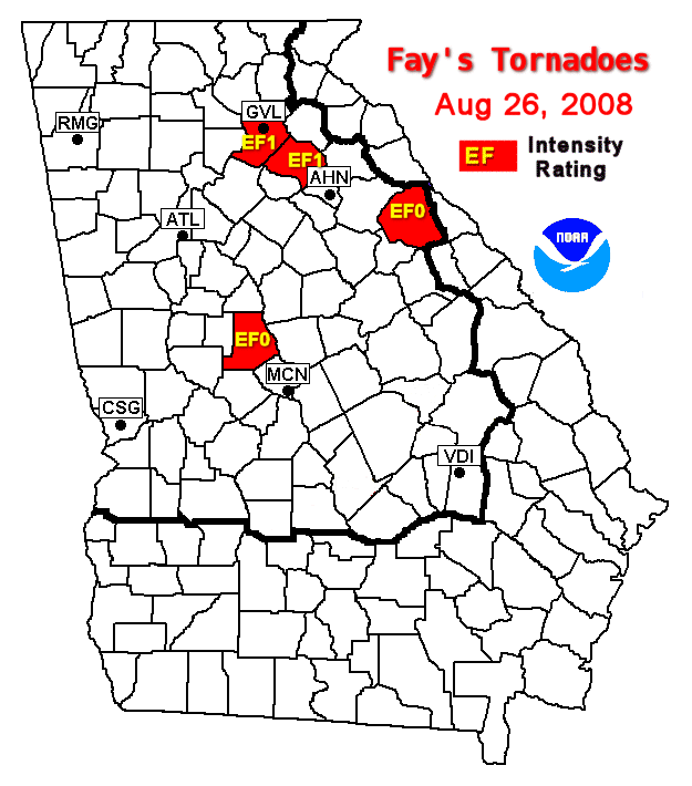 map showing those counties hit by tornadoes caused by Fay on August 26, 2008