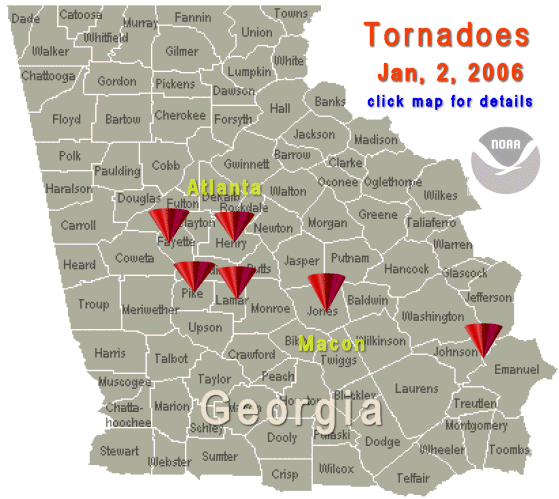 [ location of tornadoes on Jan 2, 2006 ]
